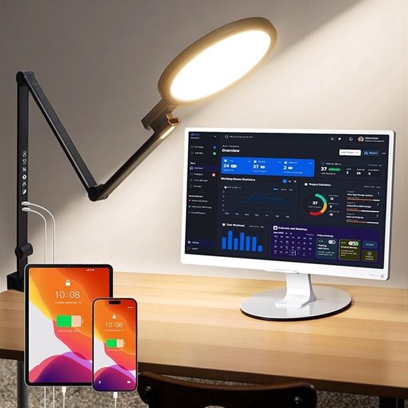 Clamp Desk Light with USB Charging and Dimmable Swing Arm