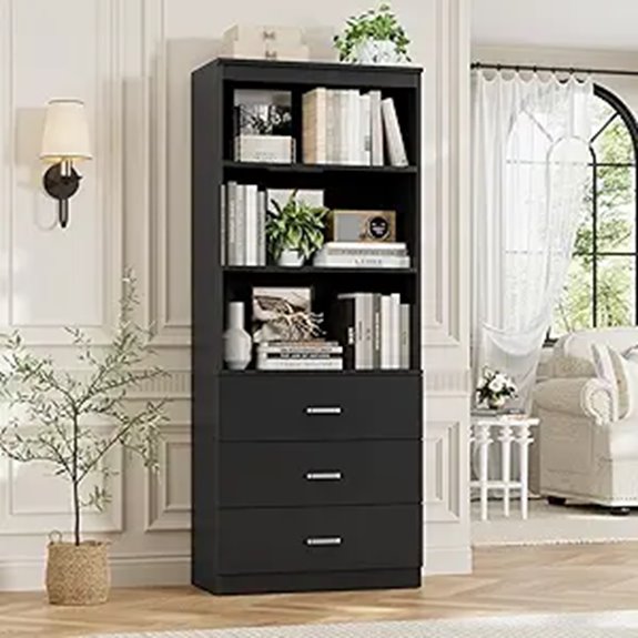 FOTOSOK 71” Black Bookshelf with Drawers