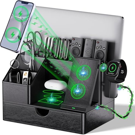 Black PU Leather 6-in-1 Charging Station with Drawer