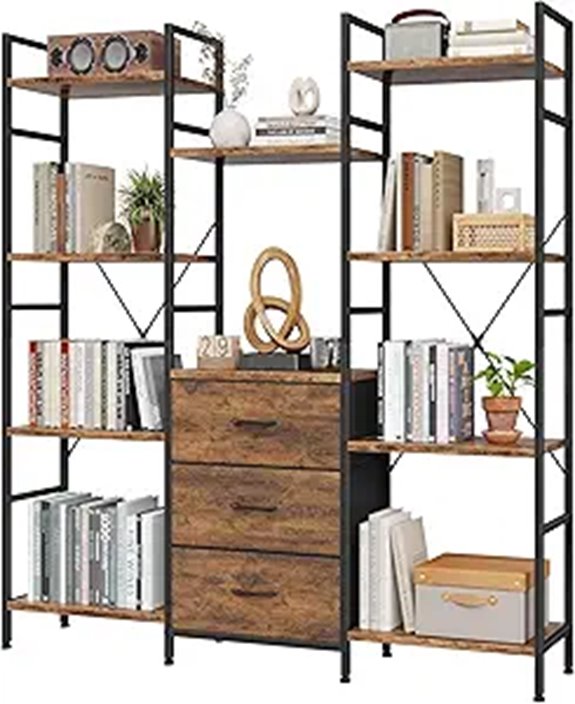 Industrial 4-Tier Bookcase with Fabric Drawers