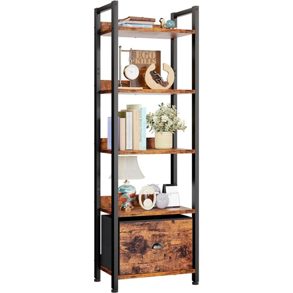 Furologee 5-Tier Industrial Bookshelf with Drawer