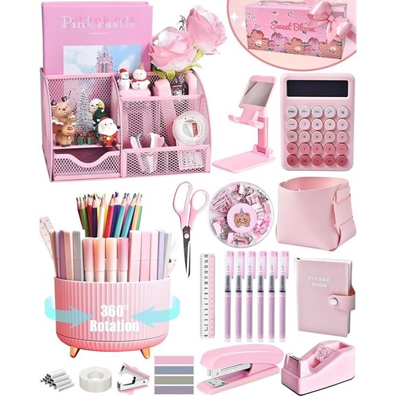 Pink Desk Organizer Set with Rotating Pen Holder