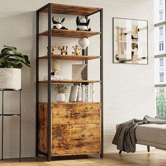 IRONCK 5-Tier Rustic Bookcase with File Drawer