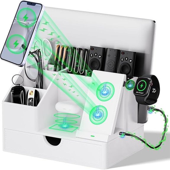 Sleek White PU Leather Charging Station with Drawer